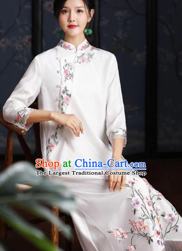 Chinese Traditional Women Cheongsam National Classical Embroidered White Organza Qipao Dress