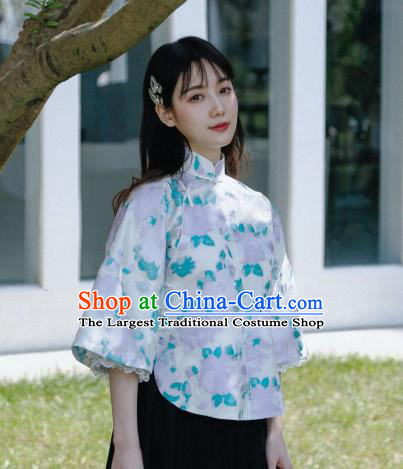 China Tang Suit Upper Outer Garment Cheongsam Wide Lace Sleeve Blouse Classical Printing Flowers Shirt