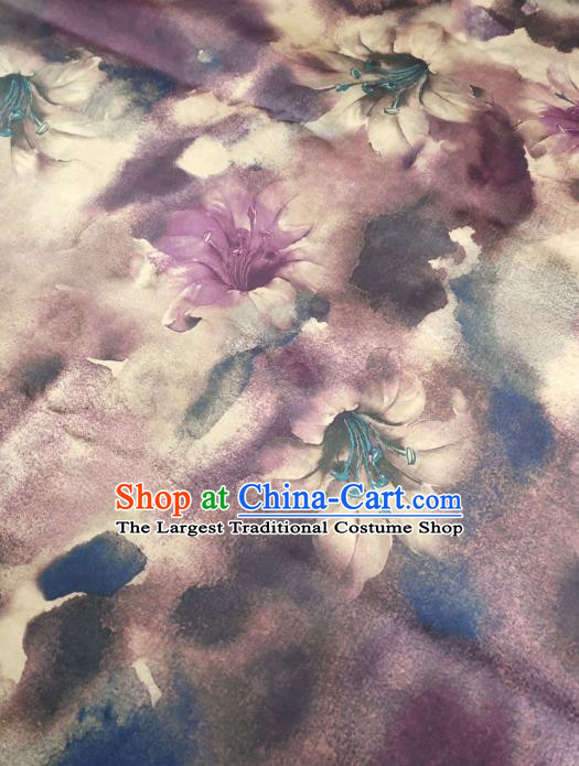 China Traditional Lily Flowers Pattern Gambiered Guangdong Gauze Cheongsam Satin Fabric Classical Purple Silk Cloth