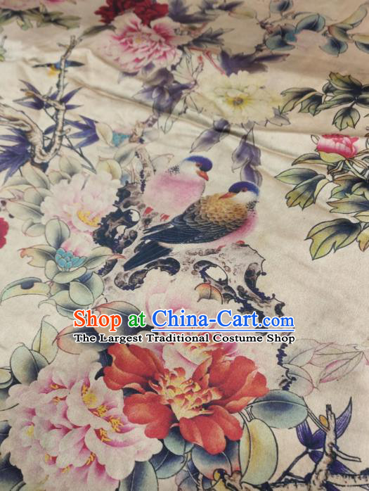 China Traditional Peony Pattern Gambiered Guangdong Gauze Cheongsam Satin Fabric Classical Beige Silk Cloth