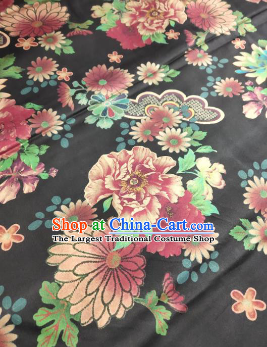 China Cheongsam Gambiered Guangdong Gauze Traditional Silk Fabric Classical Chrysanthemum Pattern Black Satin Cloth