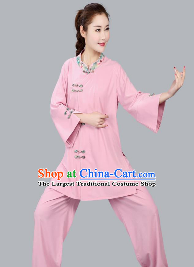 China Martial Arts Competition Pink Flax Uniforms Traditional Women Tai Chi Training Clothing