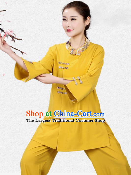 China Traditional Women Tai Chi Training Clothing Martial Arts Competition Yellow Flax Uniforms