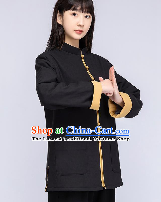 China Traditional Tai Chi Flax Winter Clothing Woman Tang Suit Black Cotton Padded Jacket