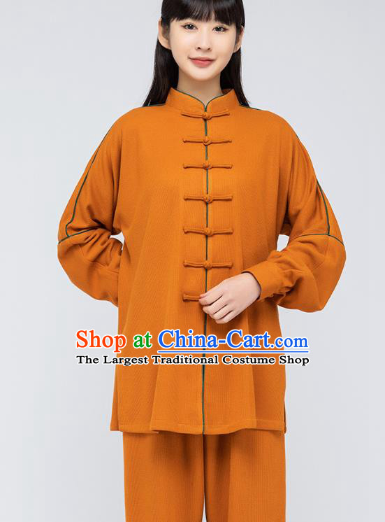 China Traditional Kung Fu Costumes Shirt and Pants Woman Tai Chi Orange Flax Uniforms