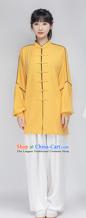 China Woman Tai Chi Training Uniforms Traditional Wushu Performance Costumes Yellow Shirt and White Pants