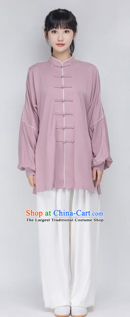 China Traditional Kung Fu Performance Costumes Woman Tai Chi Training Uniforms Lilac Shirt and White Pants