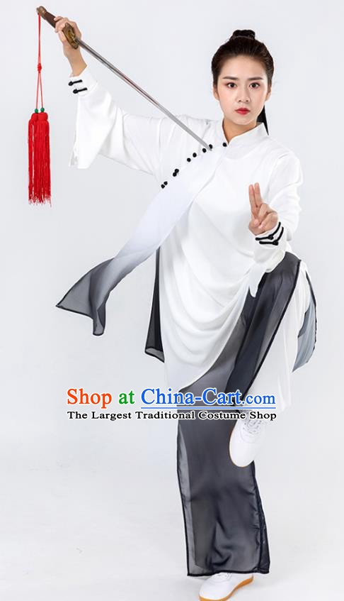 China Woman Kung Fu Wushu Grey Chiffon Uniforms Traditional Tai Chi Competition Clothing