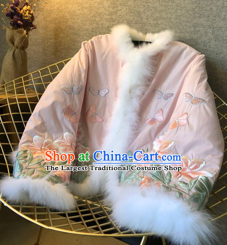 China Traditional Tang Suit Outer Garment Winter Woman Embroidered Pink Cotton Padded Jacket