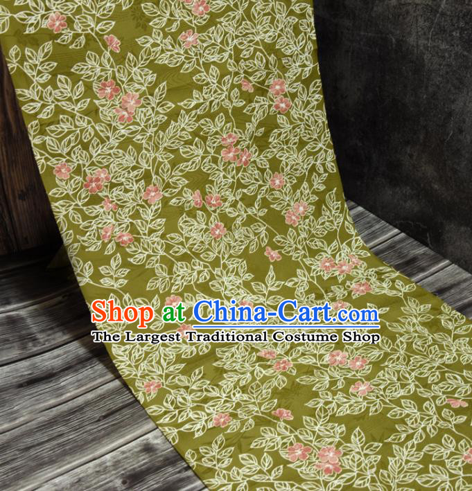 Traditional Japanese Kimono Olive Green Silk Fabric Asian Japan Classical Leaf Pattern Wafuku Brocade Tapestry