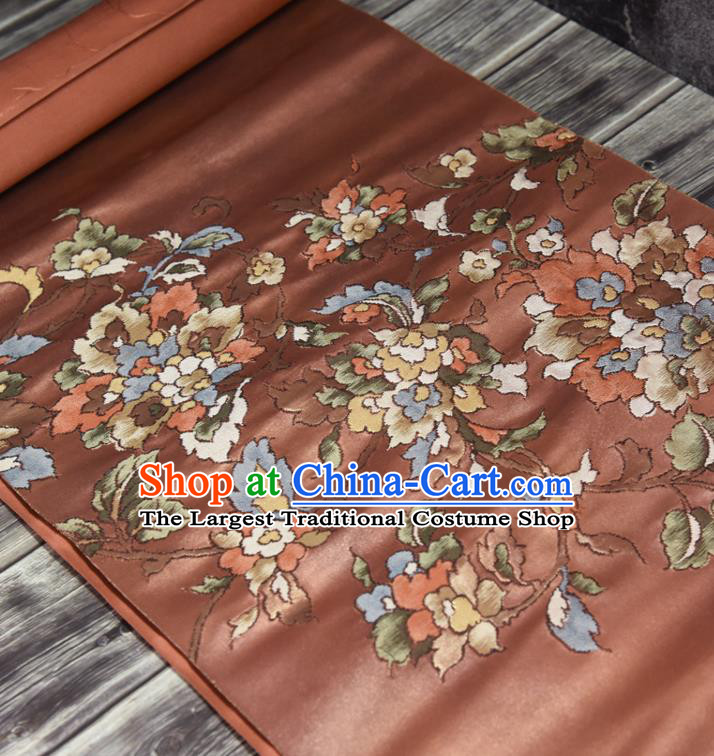 Traditional Japanese Classical Flowers Pattern Silk Fabric Asian Japan Kimono Belt Brownish Red Brocade Material