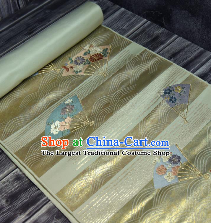 Traditional Japanese Classical Folding Fan Pattern Silk Fabric Asian Japan Kimono Belt Golden Brocade Material