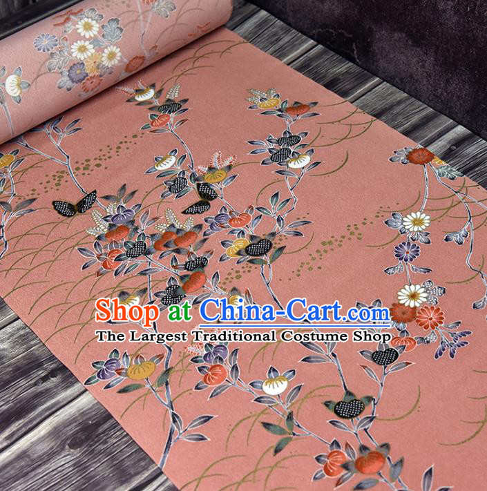 Asian Japan Kimono Classical Persimmon Flowers Pattern Brocade Fabric Traditional Hanfu Dress Pink Silk