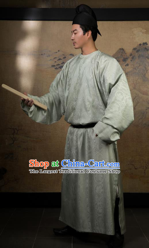 China Ancient Scholar Light Green Silk Robe Traditional Tang Dynasty Nobility Childe Hanfu Clothing for Men