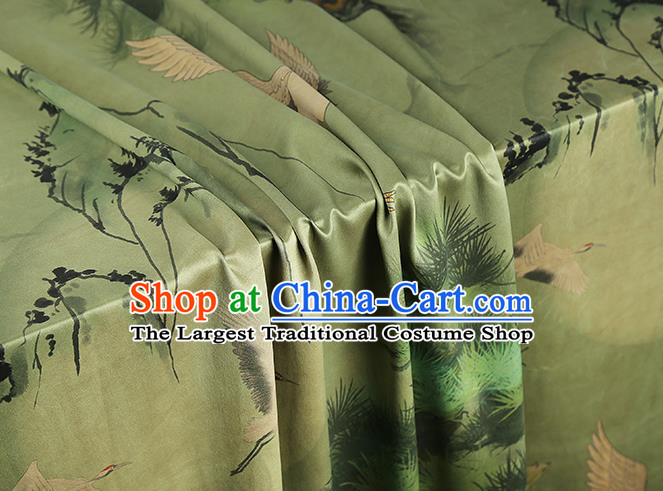 Asian Traditional Cheongsam Brocade Gambiered Guangdong Gauze China Classical Pine Crane Pattern Green Silk Fabric