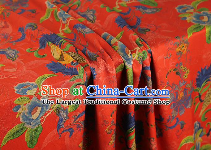 Asian China Classical Flowers Birds Pattern Red Silk Fabric Traditional Cheongsam Gambiered Guangdong Gauze Brocade