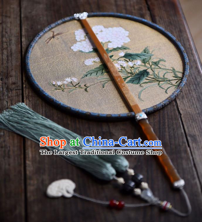 China Handmade Hydrangea Painting Palace Fan Beige Silk Circular Fan Traditional Qing Dynasty Court Fan