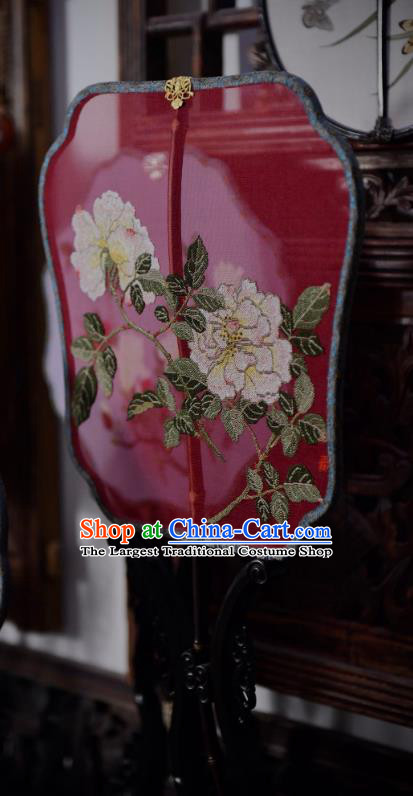 China Wedding Red Silk Fan Handmade Rose Pattern Palace Fan Traditional Ming Dynasty Imperial Consort Fan