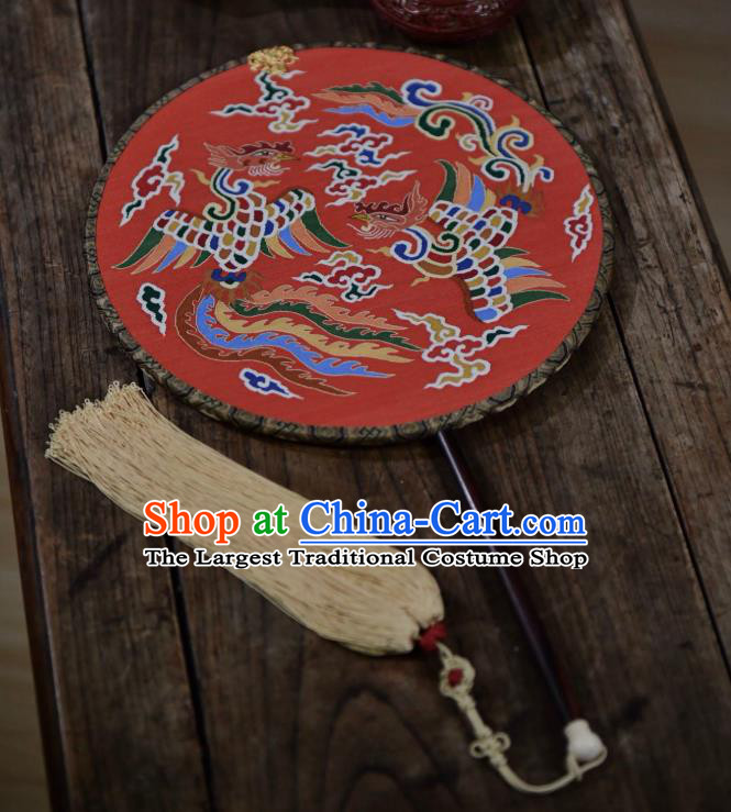 China Ancient Ming Dynasty Princess Wedding Circular Fan Handmade Clouds Phoenix Pattern Palace Fan Traditional Red Silk Fan