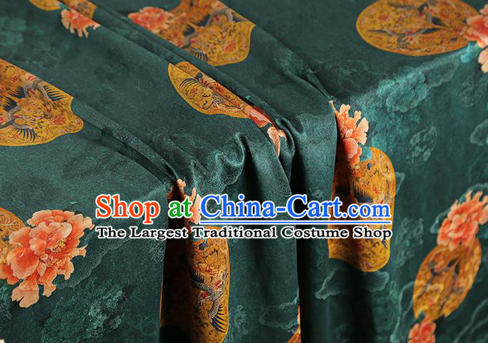 China Classical Gambiered Guangdong Gauze Drapery Traditional Cheongsam Peony Pattern Deep Green Silk Fabric