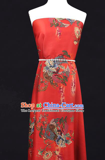 China Gambiered Guangdong Gauze Traditional Red Brocade Classical Flowers Pattern Wedding Dress Silk Fabric