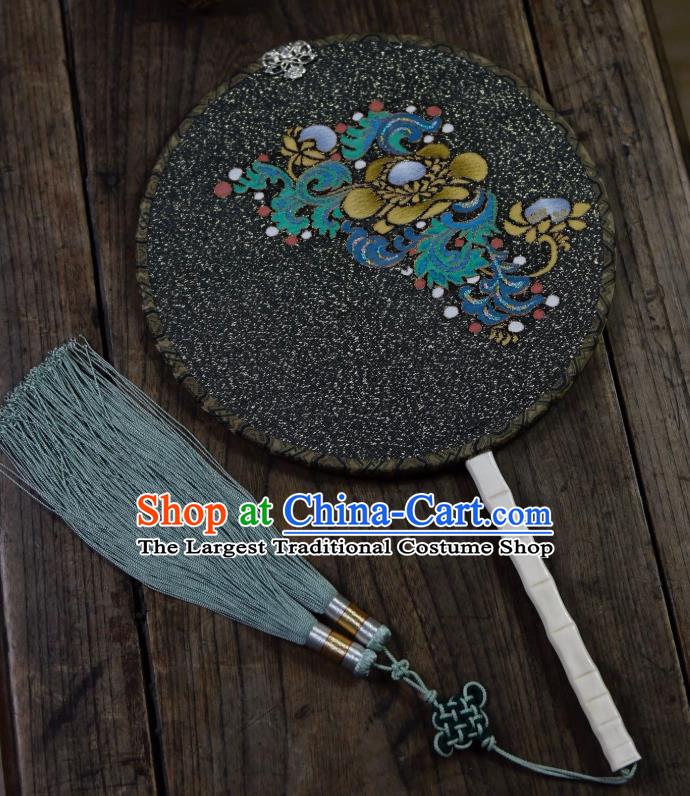 China Handmade Palace Fan Ancient Ming Dynasty Court Lady Circular Fan Traditional Black Silk Fan