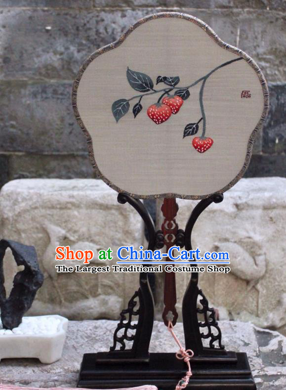 China Ancient Song Dynasty Plum Fan Traditional Grey Silk Fan Handmade Strawberry Pattern Palace Fan