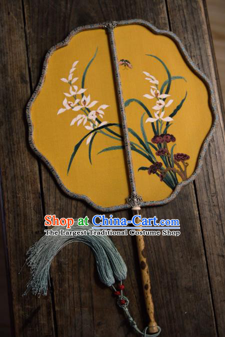 China Handmade Orchids Pattern Palace Fan Ancient Song Dynasty Court Fan Traditional Yellow Silk Fan