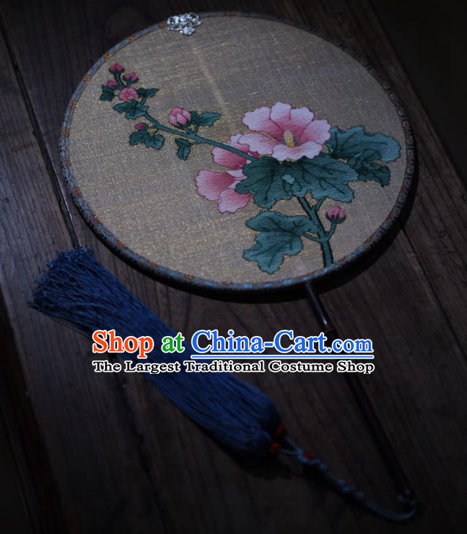 China Handmade Hollyhock Flowers Pattern Palace Fan Ancient Princess Court Fan Traditional Beige Silk Circular Fan