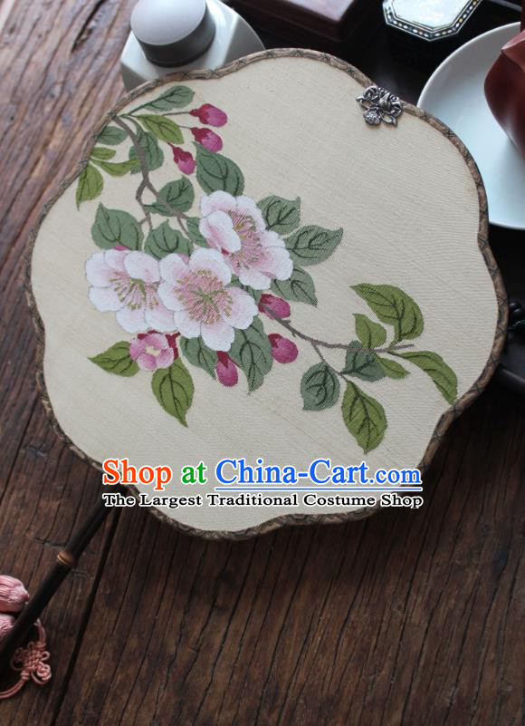 China Traditional Beige Silk Fan Handmade Begonia Pattern Palace Fan Ancient Song Dynasty Princess Court Fan