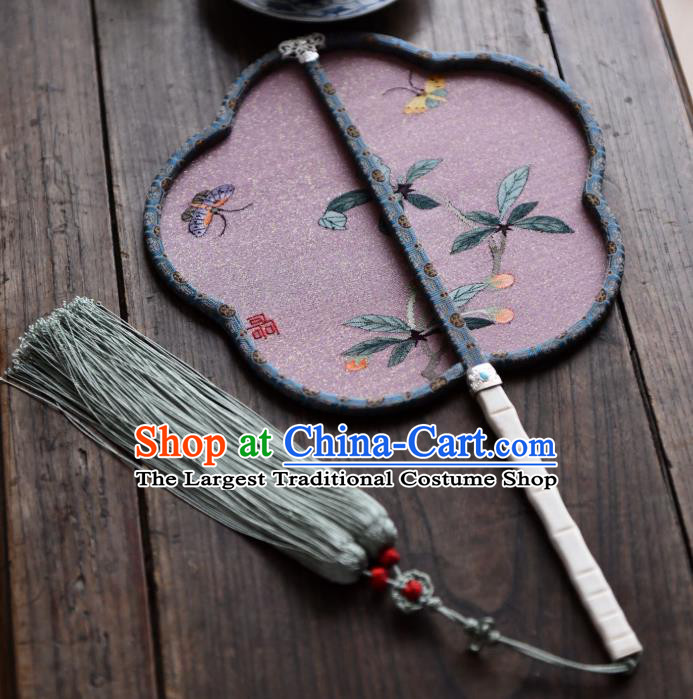 China Ancient Song Dynasty Court Begonia Fan Handmade Butterfly Pattern Palace Fan Traditional Lilac Silk Fan