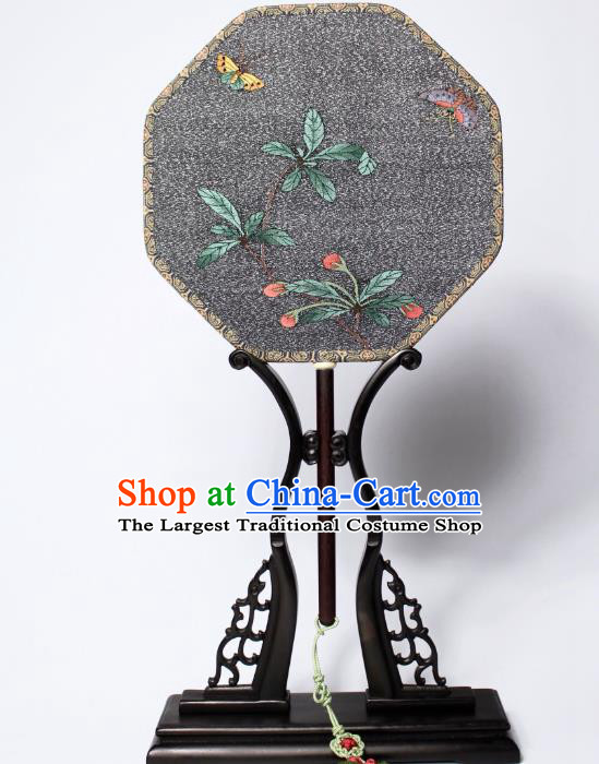 China Traditional Octagon Fan Handmade Butterfly Flower Pattern Black Silk Fan Ancient Court Beauty Palace Fan