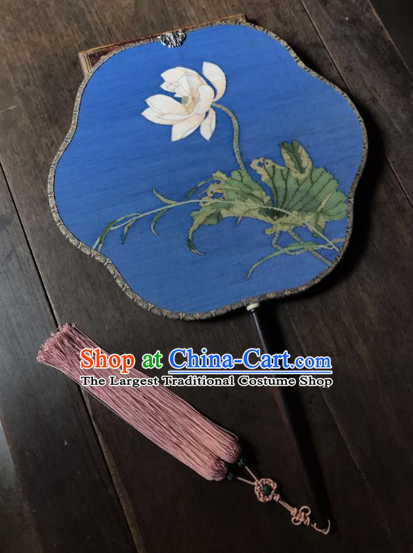 China Ancient Song Dynasty Court Beauty Fan Traditional Lotus Pattern Blue Silk Fan Handmade Palace Fan