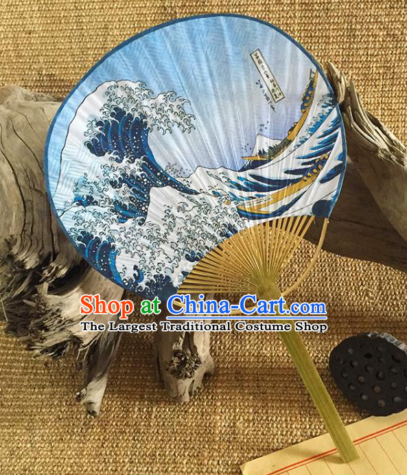 Asian Handmade Bamboo Fans Classical Dance Fan Japan Printing Wave Blue Paper Fan