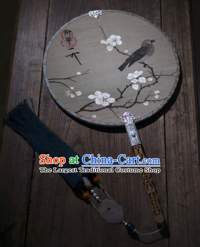 China Traditional Plum Blossom Pattern Silk Fan Handmade Palace Fan Ancient Song Dynasty Court Circular Fan