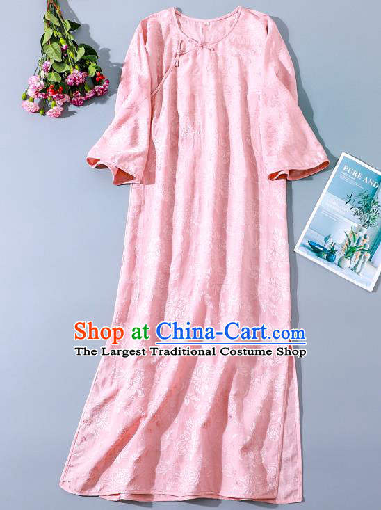 Asian Chinese Traditional Qipao Dress Classical Pink Silk Cheongsam National Young Lady Clothing