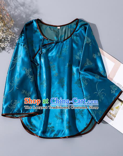 China Tang Suit Wide Sleeve Upper Outer Garment Traditional Cheongsam Blue Silk Shirt