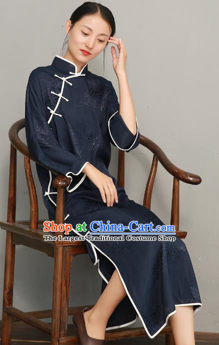 Asian Chinese Classical Cheongsam Traditional Tang Suit Navy Silk Qipao Dress National Young Lady Clothing