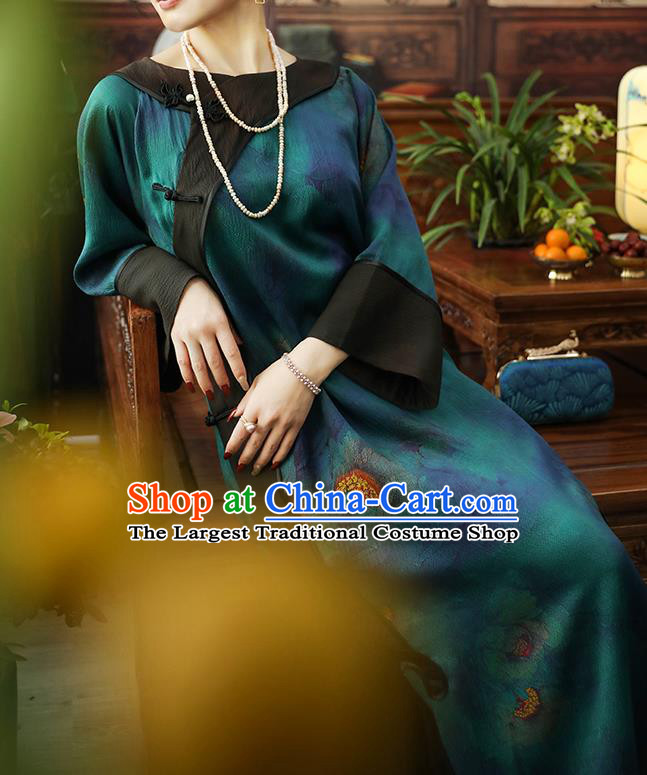 Asian Chinese Traditional Young Beauty Silk Qipao Dress Blue Gambiered Guangdong Gauze Classical Cheongsam