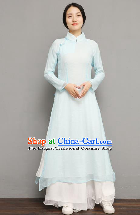 Asian Chinese Classical Woman Costume Traditional Tang Suit Light Blue Qipao Dress National Zen Clothing