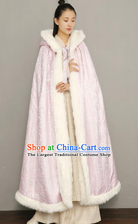 Chinese National Women Pink Silk Cape Ancient Princess Cotton Wadded Cloak Traditional Winter Costume