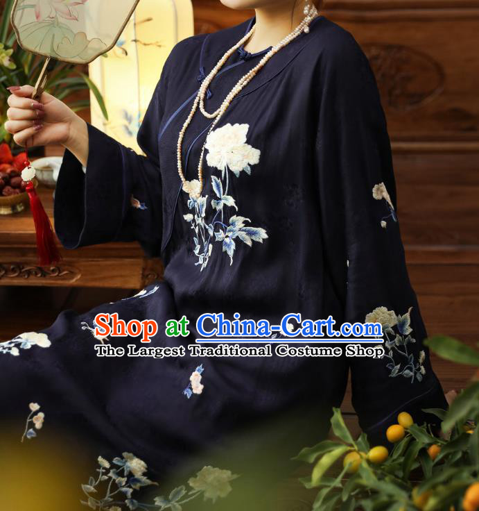 Asian Chinese Classical Wide Sleeve Cheongsam Clothing Traditional Embroidered Navy Silk Qipao Dress