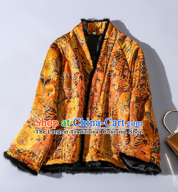 China Traditional Tang Suit Outer Garment Classical Dragons Pattern Yellow Silk Cotton Wadded Jacket