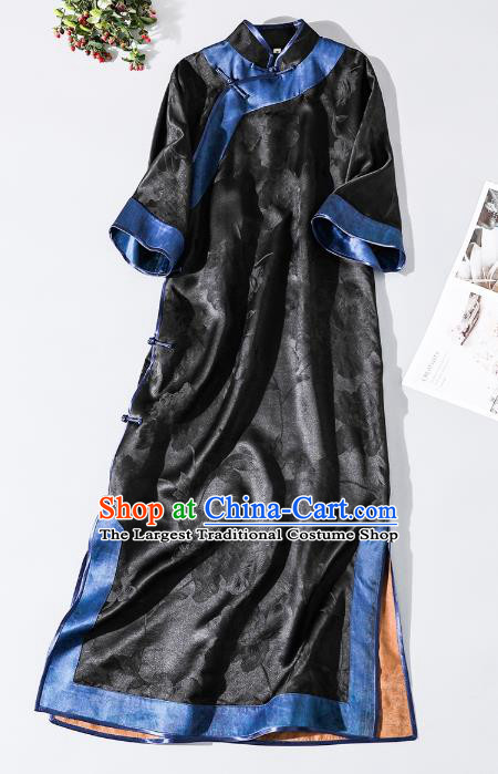 Asian Chinese Classical Black Silk Cheongsam Clothing Traditional Qing Dynasty Imperial Consort Qipao Dress