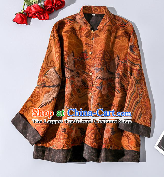 China Traditional Tang Suit Upper Outer Garment Classical Wave Cranes Pattern Ginger Silk Shirt