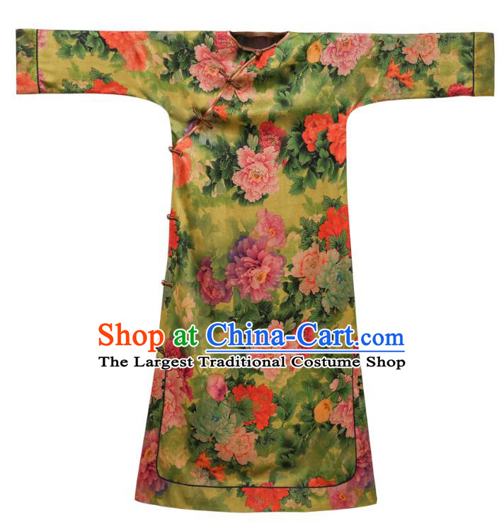 Asian Chinese Traditional Qing Dynasty Court Lady Qipao Dress Classical Peony Design Green Silk Cheongsam Clothing