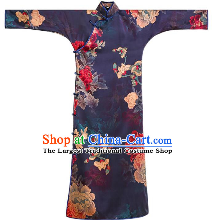 Asian Chinese Classical Cheongsam Traditional Printing Peony Purple Silk Qipao Dress Clothing