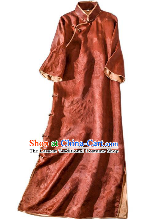 Asian Chinese Traditional Jacquard Rust Red Silk Long Qipao Dress Woman Clothing Classical Brocade Cheongsam