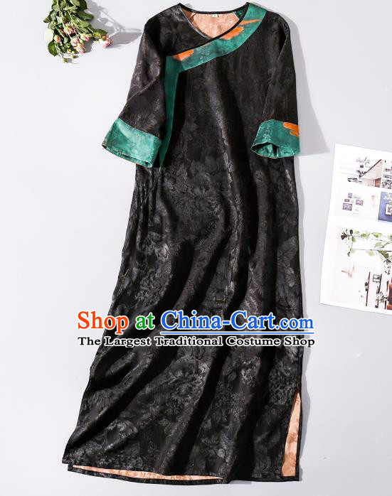 Asian Chinese Classical Jacquard Brocade Cheongsam Clothing Traditional Woman Black Silk Long Qipao Dress