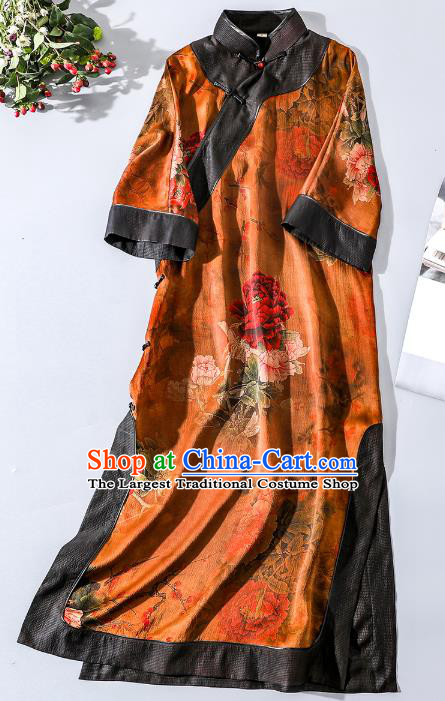 Asian Chinese Traditional Peony Pattern Qipao Dress National Clothing Classical Shanghai Beauty Orange Silk Cheongsam